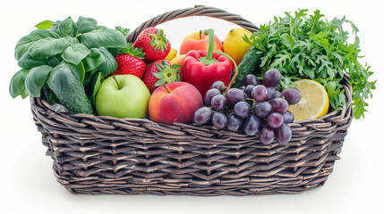 Fototapeta na wymiar Freshly harvested produce assortment in a woven basket: verdant basil, crisp cucumbers, juicy strawberries, plump grapes, ripe peaches, lemons, and bell pepper on a white surface