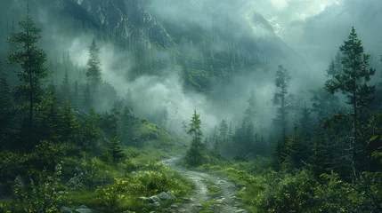 Tuinposter Sprookjesbos A winding forest path obscured by a blanket of morning fog, inviting exploration and discovery