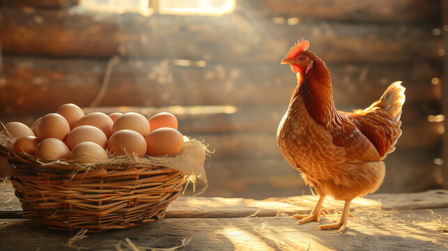 A chicken stands in front of a basket of eggs. Chicken standing in front of eggs on an old wood floor in the style of golden light, some eggs is in a basket in farm cabincore, farm administration