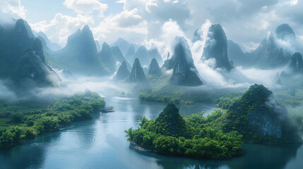 Majestic mountain peaks shrouded in a veil of morning fog, creating a sense of awe and grandeur