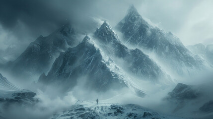 Majestic mountain peaks shrouded in a veil of morning fog, creating a sense of awe and grandeur - obrazy, fototapety, plakaty