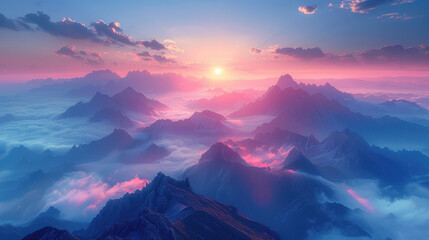 Majestic mountain peaks shrouded in a veil of morning fog, creating a sense of awe and grandeur