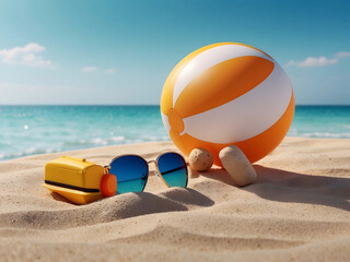 Obraz premium Hello, summer vector background design. Hello, summer text with a beach ball, camera, and sunglasses elements in a minimalist space for flat-lay photography design. Vector illustration