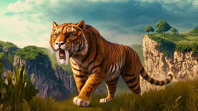 Saber-toothed tiger in its natural environment. Smilodon a prehistoric mammal and big cat ancestor of tigers and modern cats lived in the Americas during the Pleistocene epoch. AI-generated.