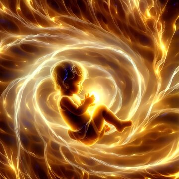 A digital artwork depicting a baby enveloped in a swirling golden light, symbolizing new beginnings and creation.. AI Generation
