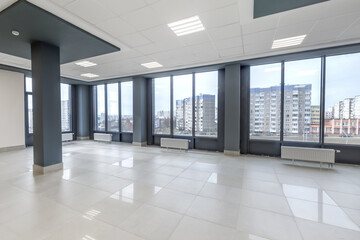 panorama view in empty modern hall with columns, doors, stairs and panoramic windows - 783063328