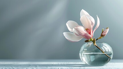 magnolia on blue background with copy space
