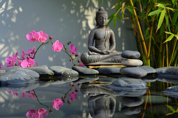 Sculpture de Bouddha assis avec de l'eau et des galets - obrazy, fototapety, plakaty