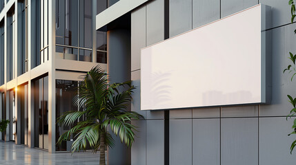 Advertising signs, shop logo signs, designed and photographed in the style. It features an elegant white sign hanging on the side of a modern building with bold black text. look perfect for showcasing