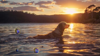 Australian shepherd dog bathing in river at sunset with owner, nature enjoyment by lake