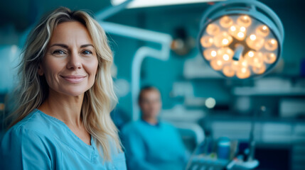 Smiling woman dentist stands in a dental clinic with a patient sitting in the chair in the background. Professional female dentist in medical coat at workplace. Space for text