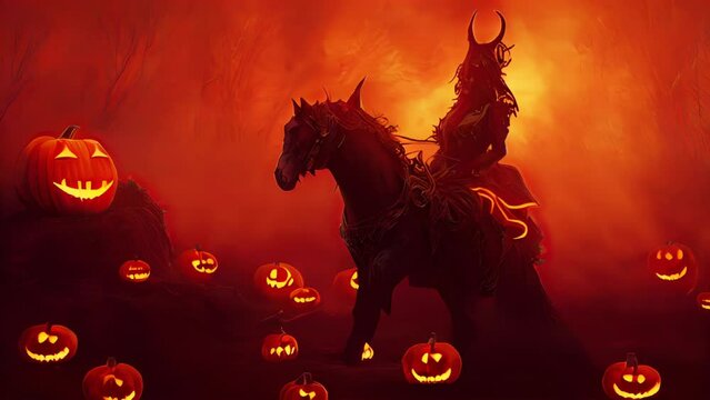 A spooky horseman demon riding from hell with Halloween pumpkins smiling. Moonlight runs through a dark forest during a candlelight Halloween night. Fantasy AI-generated digital painting
