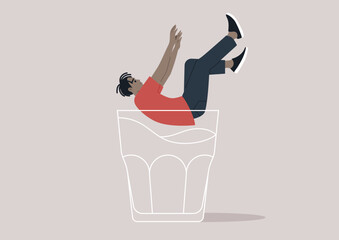 A character falling into the depths of an empty glass, symbolizing the descent into the metaphorical rock bottom, associated with alcohol problems
