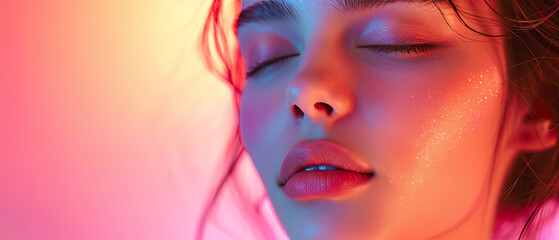 Woman's Face Illuminated by Vibrant Neon Lights