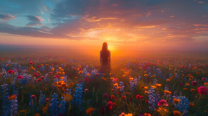 A tranquil meadow bathed in the soft glow of dawn, with wildflowers peeking through the morning fog - obrazy, fototapety, plakaty
