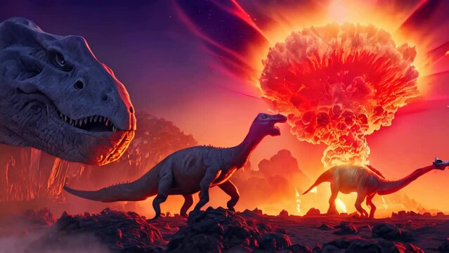Extinction of the dinosaurs by a meteor impact in a jurassic forest. AI-generated.