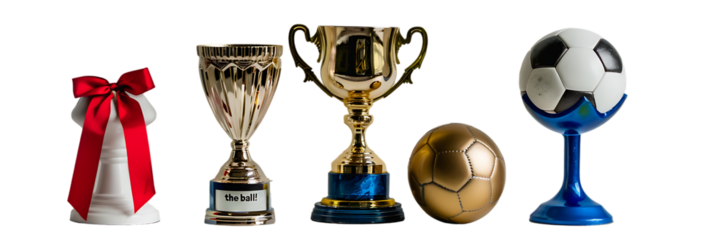 A collection of five sports trophies, including soccer and golf, are displayed in front of a white background.