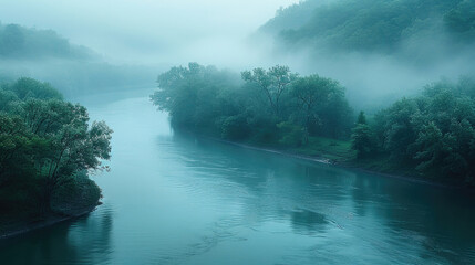 A meandering river bend shrouded in a veil of morning fog, creating a sense of mystery and allure - obrazy, fototapety, plakaty