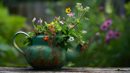 Picturesque springtime flowers in a classic green teapot, an idyllic image for a plant nursery advertisement or a gardening tutorial.
