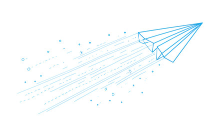  A blue paper plane flying with binary code on a white background, in the simple vector line art...