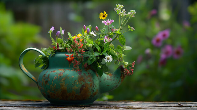 Picturesque springtime flowers in a classic green teapot, an idyllic image for a plant nursery advertisement or a gardening tutorial.