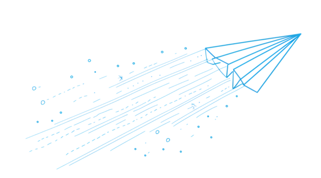 A blue paper airplane is flying with a trail of connected dots behind it.