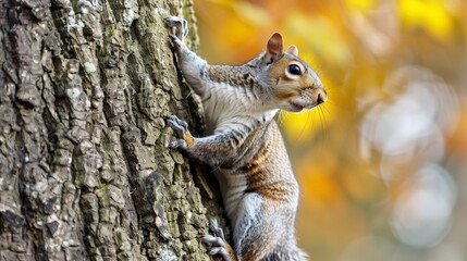 Obraz premium With agile movements, the grey squirrel balances on the slick tree trunk, its keen sense of smell leading it to a cache of stored acorns hidden nearby.