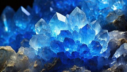 Close-up of cluster of radiant blue crystals illuminated by soft lighting. Beautiful glowing crystals.