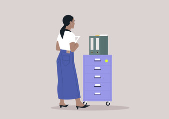 Employee Organizing Files in a Modern Office Setting, A person stands by a file cabinet, sorting documents at work