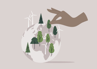 Gentle Hand Nurturing a Greener Earth Amidst Windmills, fingers delicately interact with tiny trees on a stylized globe, windmills standing tall in the background - obrazy, fototapety, plakaty