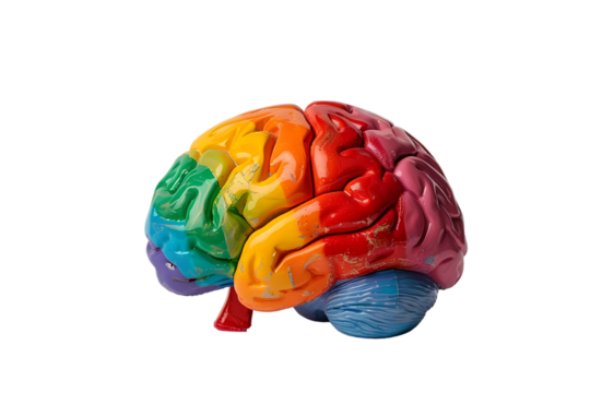 A model brain painted in rainbow colors is set against a white background.