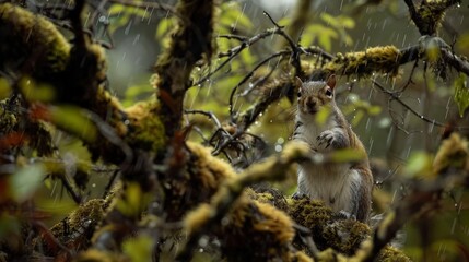 Obraz premium Through the veil of raindrops, a grey squirrel explores the moss-covered branches, its mission clear: to find sustenance amidst the wetness of the forest.