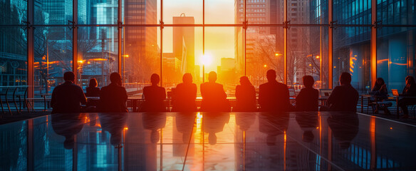 Corporate meeting backlit by stunning urban sunset