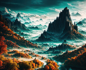A serene landscape with mountains in the background and a river flowing through the foreground. - Powered by Adobe