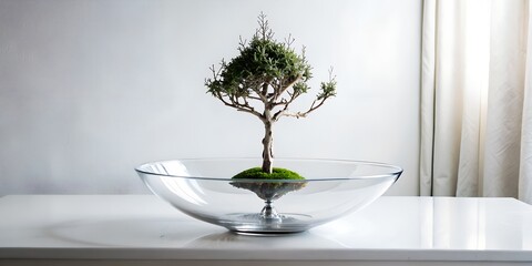 White room background, cold, standing vase glass bowl, with tree pot in it, generated, style minimalism. abstraction