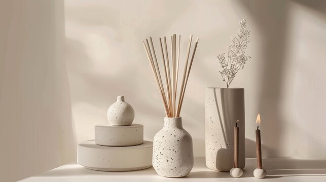 Minimalist ceramic incense collection with brutalist design and luxury packaging mockup