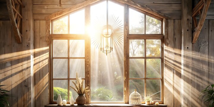 Glow in the window, boho style, all wooden, sun rays, life, generated, Wooden background, boho style, wood, glow, glass
 nice background, image generated high quality 