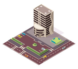 Isometric offices or business center. Town apartment building city map creation with street and cars. Infographic elements. City house composition with roads