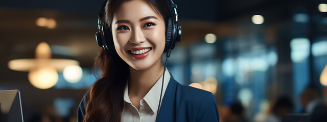 Serious call center operator in wireless headset talking with customer, woman in headphones with microphone consulting client - obrazy, fototapety, plakaty