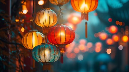 Vibrant Chinese Lanterns Illuminating Night Streets in Urban Cityscape Decorated with Colorful...