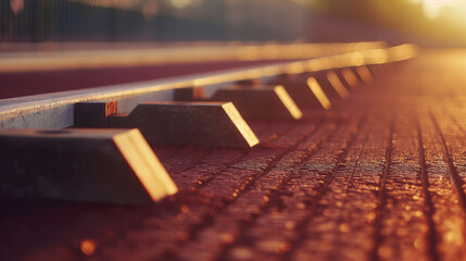 Close-up of starting blocks set up in a lane, ready for a sprinter. The morning light highlights the texture of the track and the anticipation of the race, with soft shadows emphas