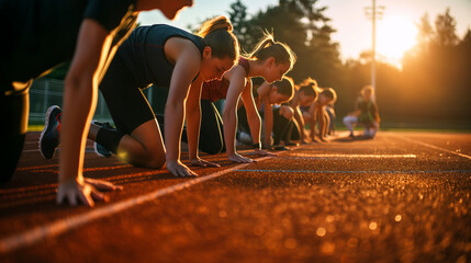 A group of young athletes stretches together on the infield, preparing for their events. The morning sun illuminates the scene, casting soft shadows that highlight the camaraderie