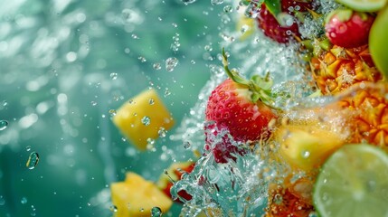 Fresh tropical fruit floating in water, ideal dessert for juice and smoothie ads