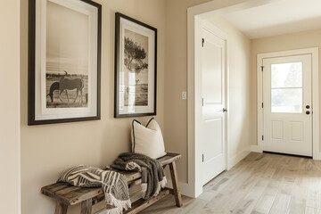 A modern farmhouse-style entryway with two large black and white framed pictures on the wall, light wood floors, a wooden bench with blanket, cream walls, door to the garage on right side of picture.
