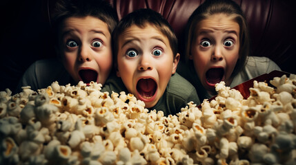 Naklejka premium Surprised kid watching movie in cinema theater