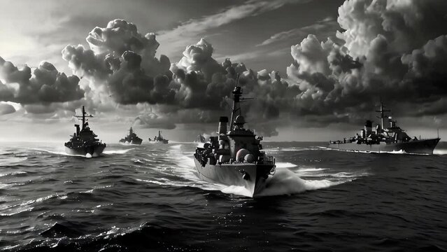 Dramatic black and white image of 2nd World War military ships in formation under ominous clouds. The 20th-century 2nd World War in the naval war. AI-generated