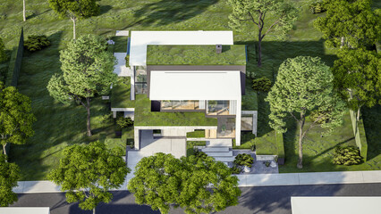 3d rendering of flat roof house with parking and pool for sale or rent with concrete facade and beautiful landscaping on background. Clear sunny summer day with blue sky.