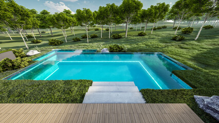 3d rendering of flat roof house with parking and pool for sale or rent with concrete facade and beautiful landscaping on background. Clear sunny summer day with blue sky.