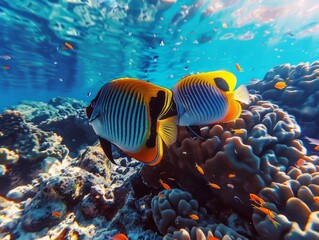Naklejka premium tropical fish swimming around a vibrant coral reef