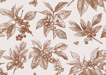 Coffee tree. Branch with leaves and berries. Seamless pattern, background. Vector illustration. In botanical style